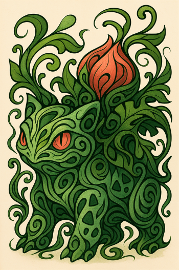 Phone wallpaper featuring Ivysaur from Pokémon, illustrated with intricate green and orange swirls, designed to fit both iPhone and Android screens.