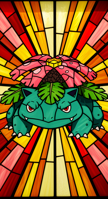 Phone wallpaper featuring Venusaur from Pokémon in a vibrant stained glass art style, with warm red, orange, and yellow geometric patterns, compatible with iPhones and Android devices.