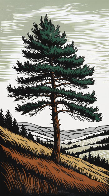 Illustrated landscape of a lone pine tree on a hillside with rolling hills and forest in the background, designed as a phone wallpaper for iPhone and Android devices.