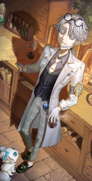 Phone wallpaper of a character from the video game Identity V, featuring a silver-haired figure in a white lab coat standing in a vintage study with a small creature at their feet.