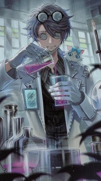 Phone wallpaper featuring a scientist character from the video game Identity V, pouring a purple liquid with a small cat perched on his shoulder, set in a dimly lit laboratory.