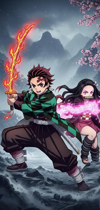 Phone wallpaper featuring Tanjiro Kamado wielding a fiery sword and Nezuko Kamado using her demon powers, set against a misty mountain backdrop with cherry blossoms, from Demon Slayer.