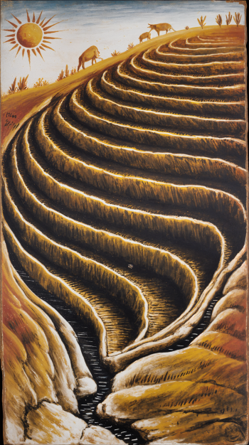 Phone wallpaper featuring a stylized terraced field under a bright sun with grazing animals along the top edge, designed for iPhones and Android phones.
