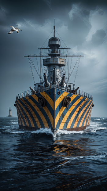 Front view of a striking warship with bold yellow and black stripes cutting through ocean waves under a stormy sky, designed as a phone wallpaper for iPhones and Android devices.