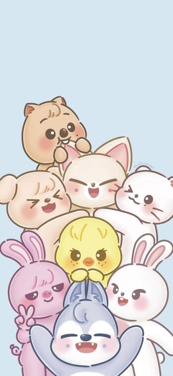 Phone wallpaper featuring cute SKZOO furry (anthropomorphic) characters stacked happily against a soft blue background, compatible with both iPhones and Android devices.