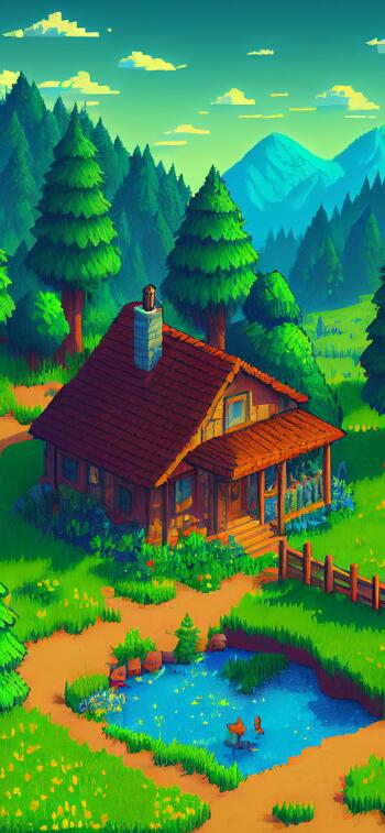 Stardew Valley video game phone wallpaper: vibrant vertical scene of a cozy cabin by a pond, pine forest and mountains — designed for iPhone and Android.