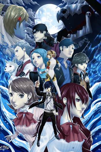 Persona 3 phone wallpaper for iPhone & Android: the main cast gathered beneath a full moon, surrounded by blue flames and looming shadows.