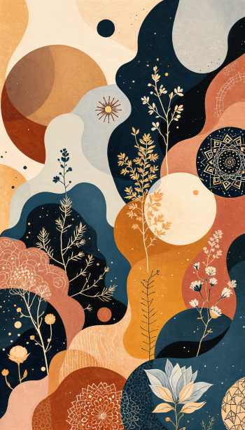 Boho-pattern phone wallpaper with warm earthy waves, navy and terracotta shapes, delicate floral silhouettes and mandala accents — vertical layout for iPhones and Android phones.