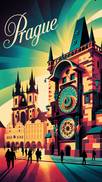 Vibrant Prague phone wallpaper (Czech Republic) featuring a stylized Astronomical Clock and Old Town silhouettes — formatted for iPhone and Android screens.