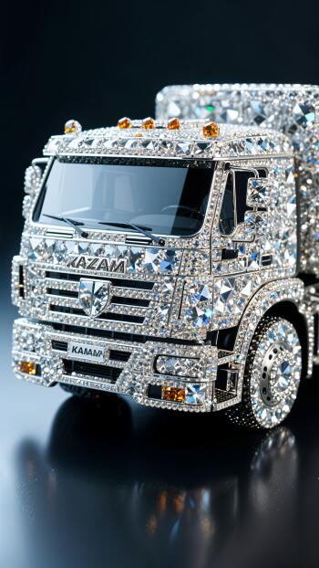 Shimmering crystal-studded Kamaz truck close-up on a dark background, vertical phone wallpaper formatted for iPhone and Android screens.