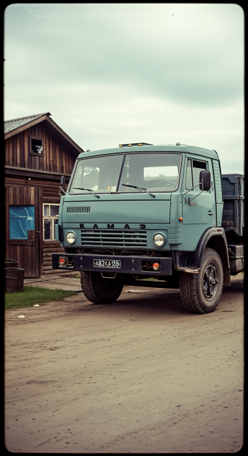 Vertical phone wallpaper of a teal Kamaz truck parked by wooden village houses under a cloudy sky, made for iPhones and Android phones.