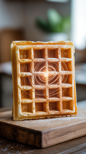 Close-up of a golden, sugar-dusted waffle standing on a wooden board with soft bokeh background — vertical phone wallpaper compatible with iPhone and Android.