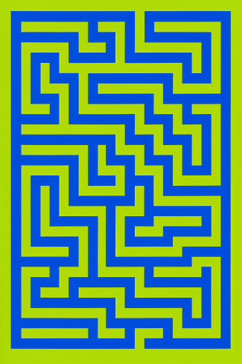 Neon green phone wallpaper with a bold blue rectangular maze; fits iPhone and Android screens.