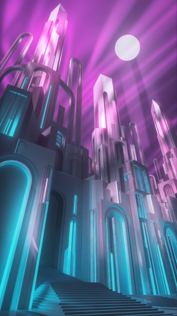 Vertical phone wallpaper of a neon crystal city in teal and magenta under a full moon, for iPhones and Android phones.