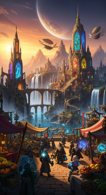 Vertical fantasy city phone wallpaper for iPhone and Android: bustling market in foreground, glowing cathedral towers, cascading waterfalls, airships and a crescent planet above distant mountains.