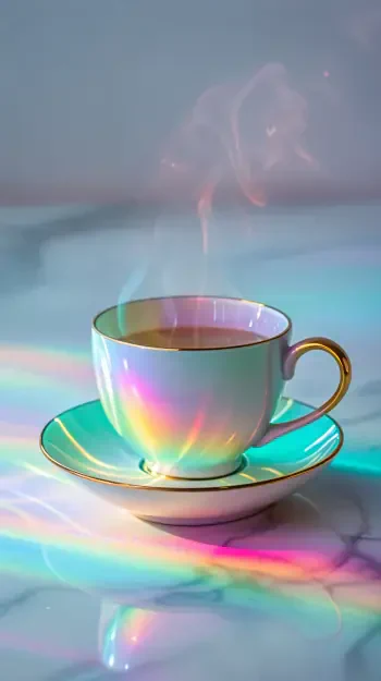 Iridescent teacup and saucer with rising steam on a marble surface, rainbow light reflections — vertical phone wallpaper for iPhone and Android.