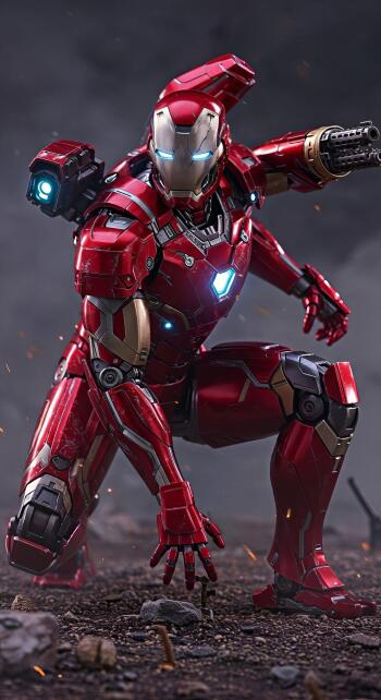 Vertical phone wallpaper of Iron Man in a dynamic crouch, glowing arc reactor and repulsors, smoky battlefield backdrop, formatted for iPhone and Android screens.