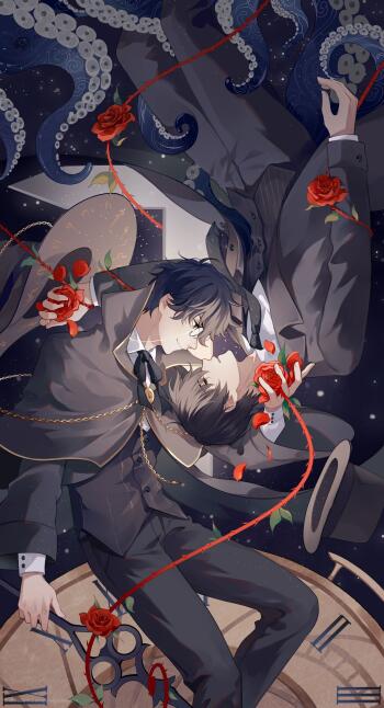 Novel-themed phone wallpaper for iPhone and Android: two men in suits entwined by red thread and roses, floating over a clock beneath a moonlit, starry sky.