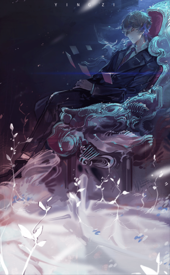 Novel-themed phone wallpaper for iPhone and Android: a brooding, suited figure on an ornate throne amid drifting petals, mist, and a luminous, star-filled night.