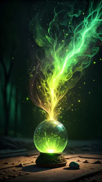 Phone wallpaper for iPhones and Android phones: glowing green crystal orb on an ornate base, emitting swirling neon-green smoke and sparks against a dark, misty forest background.