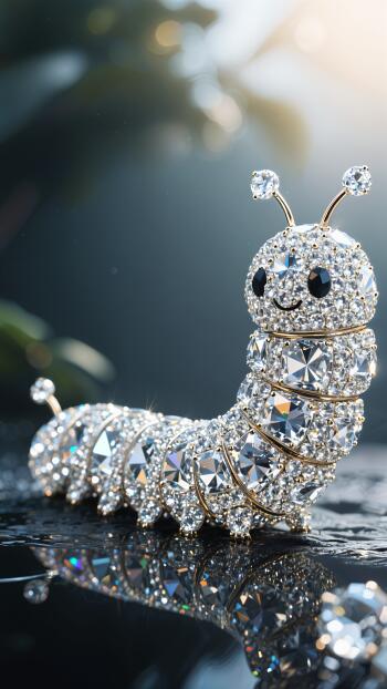 Sparkling jeweled caterpillar brooch on a reflective surface with bokeh background, phone wallpaper compatible with iPhones and Android phones.