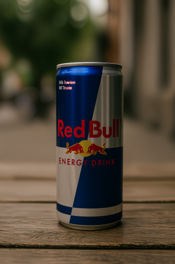 Red Bull can centered on a wooden bench with soft bokeh background — phone wallpaper for iPhone and Android