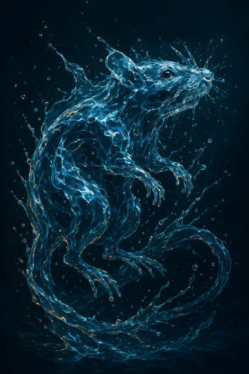 Glowing blue water sculpture forming a leaping rat against a dark background — phone wallpaper that works on iPhone and Android.