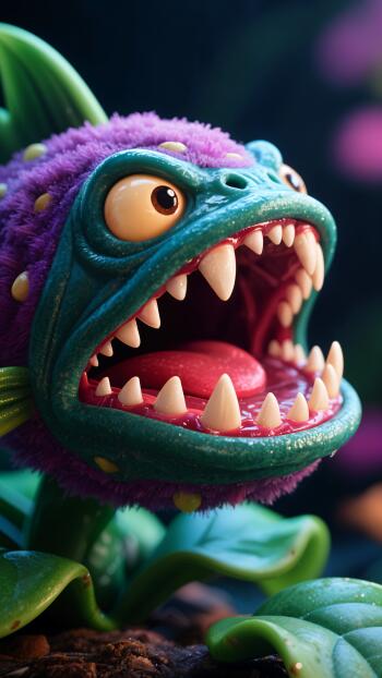 Phone wallpaper of a piranha plant: close-up of a fuzzy teal-and-purple carnivorous flower with a wide toothy mouth, vertical layout for iPhone and Android phones.