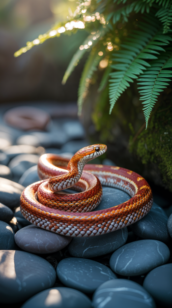 Corn snake coiled on smooth black stones beneath a fern, vertical phone wallpaper sized for iPhone and Android.