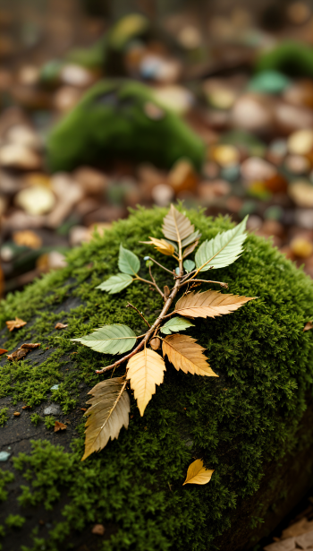 Vertical phone wallpaper for iPhone and Android: moss-covered rock with a small branch of green and yellow leaves, soft blurred forest bokeh.