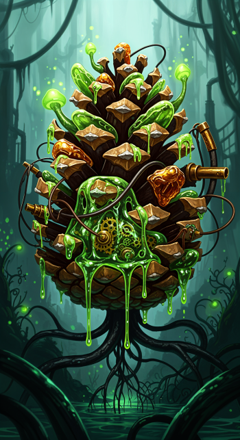Vertical phone wallpaper for iPhone and Android: a giant pine cone fused with glowing green slime, gears and brass pipes, floating above a murky swamp amid twisted roots and bioluminescent trees.