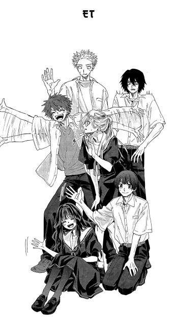 Manga black-and-white group portrait from The Fragrant Flower Blooms With Dignity: six students arranged vertically as a phone wallpaper for iPhone and Android.