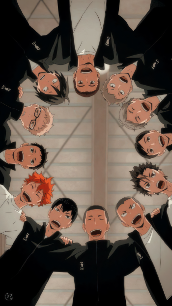 Haikyū!! anime phone wallpaper: teammates in a circular huddle, smiling and shouting up at the viewer — energetic friends captured for iPhone and Android screens.