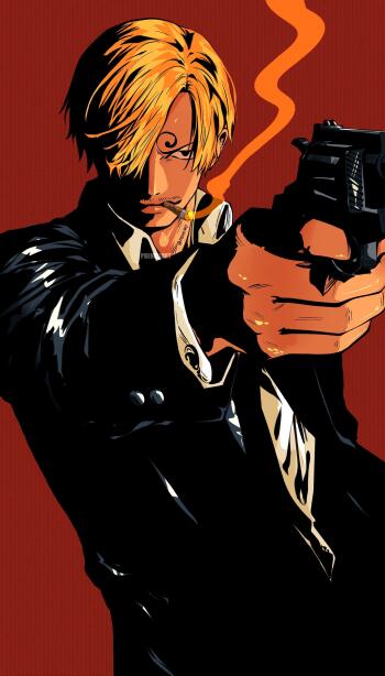 Anime phone wallpaper of Sanji (One Piece) as a gangster: blond hair, cigarette smoke, aiming a handgun against a red backdrop — for iPhones and Android phones.