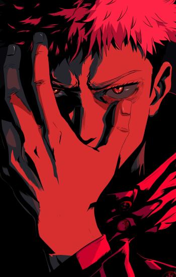 Red-toned Jujutsu Kaisen wallpaper of Yuji Itadori with hand over his face and a glowing eye — vertical phone wallpaper for iPhone and Android.