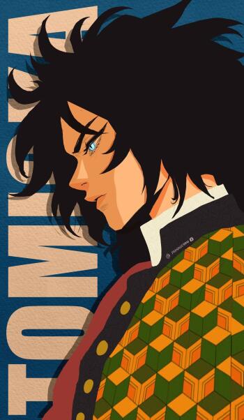 Phone wallpaper of Giyuu Tomioka from Demon Slayer: Kimetsu no Yaiba — anime-style close-up profile with windswept dark hair and patterned haori, for iPhone and Android phones.