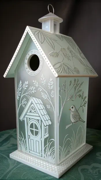 Phone wallpaper showing a pale green decorative bird house with white botanical and bird illustrations, round entrance and lantern top, formatted for iPhone and Android.