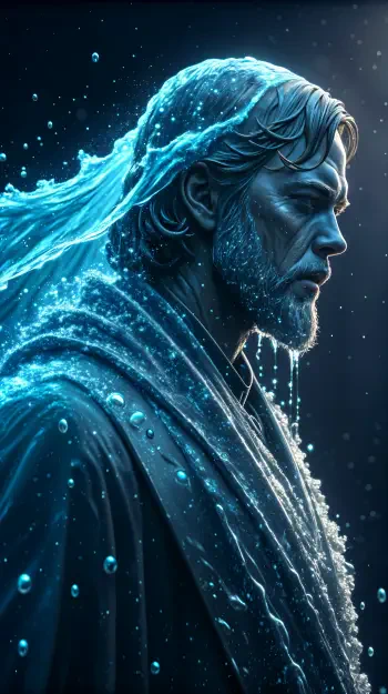 Vertical phone wallpaper for iPhone and Android: Luke Skywalker in a glowing blue, water-slick cloak, side profile with dripping droplets against a dark, starry background.
