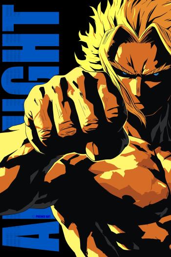 All Might phone wallpaper (My Hero Academia): dramatic close-up of the hero punching toward the viewer in yellow-orange against blue vertical ALL MIGHT text, for iPhones and Android phones.