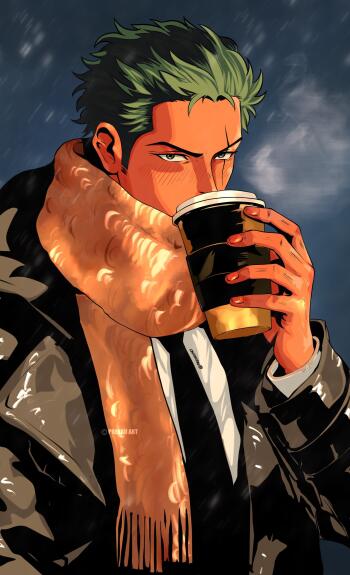 Phone wallpaper of One Piece's Roronoa Zoro in a coat and scarf, sipping coffee under a moody sky — formatted for iPhones and Android phones.