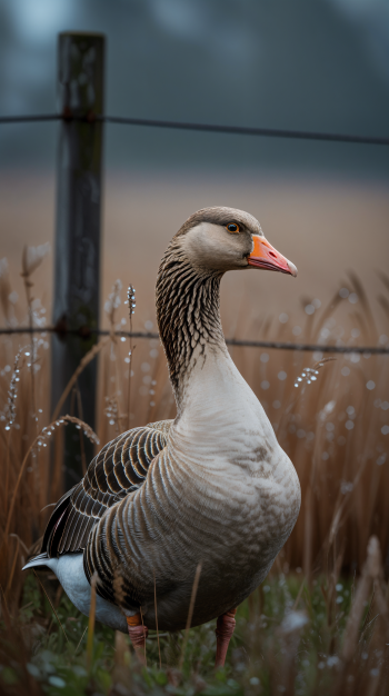 Vertical phone wallpaper showing a greylag goose by a wire fence in dewy tall grass, composed for iPhones and Android phones.