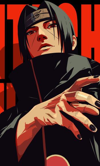 Dark anime phone wallpaper of Itachi Uchiha (Naruto) with glowing Sharingan, red-black portrait designed for iPhone and Android.