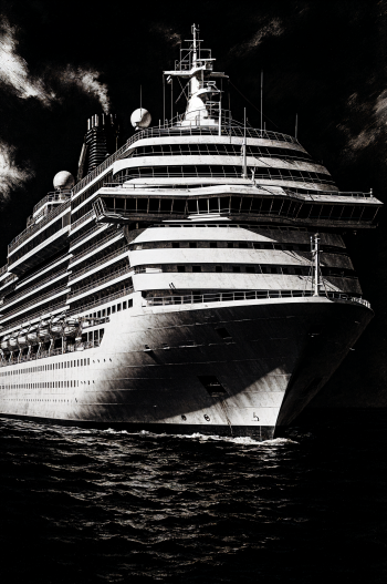 High-contrast black-and-white phone wallpaper showing a cruise ship's bow cutting through dark water; vertical composition for iPhone and Android screens.