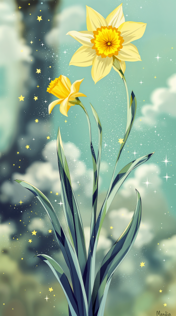 Tall illustrated daffodil against a dreamy teal sky with sparkles; vertical phone wallpaper for iPhones and Android phones.