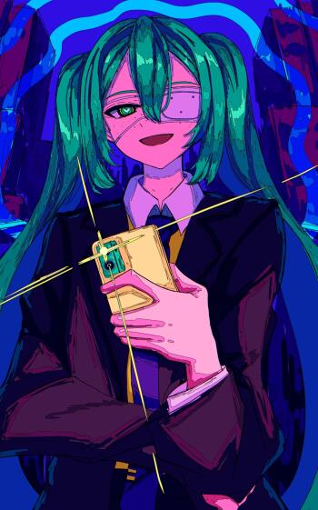 Hatsune Miku anime girl with green twin tails and eyepatch, in a dark suit holding a glowing gold phone against a vivid blue-purple background — phone wallpaper for iPhone and Android.
