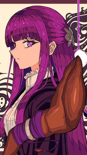 Portrait phone wallpaper of Fern (Frieren: Beyond Journey's End): purple-haired anime girl in profile with ornate hairpin and gloved arm against a decorative background, for iPhone and Android.