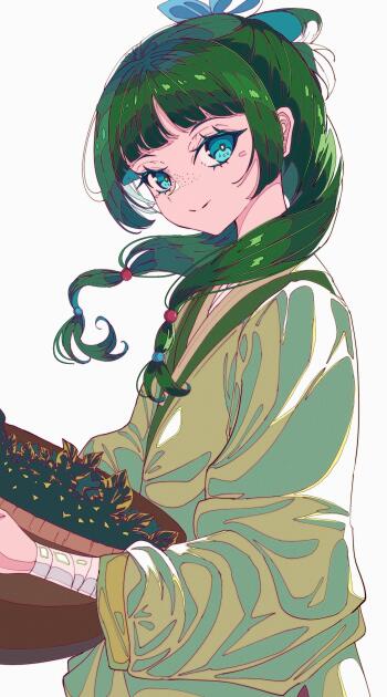 Phone wallpaper of Maomao from The Apothecary Diaries — anime portrait with green twin braids, teal eyes, holding a basket of herbs, formatted for iPhone and Android screens.