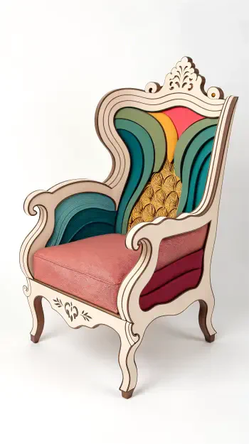 Phone wallpaper for iPhone and Android: stylized armchair with coral seat and layered teal, gold and orange wave patterns on its carved back.