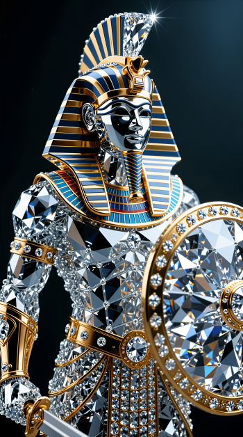 iPhone and Android wallpaper: jeweled Egyptian warrior pharaoh in gold-and-blue nemes, faceted crystal armor and gem-encrusted shield against a dark background.