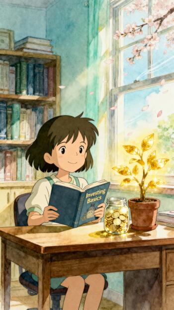 Phone wallpaper for iPhone & Android: a girl reads Investing Basics at a sunlit desk, jar of coins and a glowing golden-leaf plant beside her, bookshelves and a breezy window.